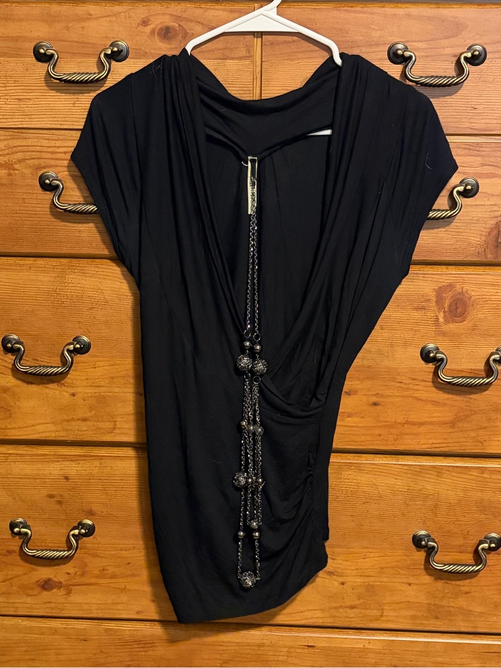 Love Culture Black Draped Top with Tassel Necklace Detail